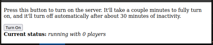 Screenshot of software showing a Turn On button and server status